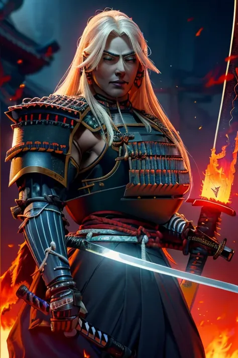 ((Close-up)), tall, ((White hair)), beautiful muscular female samurai, long hair, brown skinned, closed smile, large breast, (black lipstick), (massive muscles), (hyper muscle), (((ginormous bulky muscles))), glowing blue eyes, ((((full samurai armor suit)...