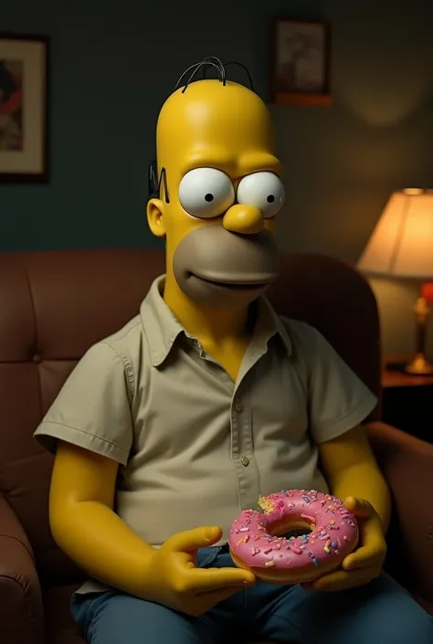 "A hyper-realistic cosplay of Homer Simpson in a dark fantasy style, seated on a vintage brown sofa in a dimly lit living room. The character is portrayed by a middle-aged man with a bald head, featuring only a few thin strands of hair on top. His skin ton...