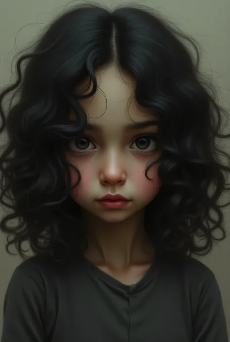 Girl with curly hair half her sad face