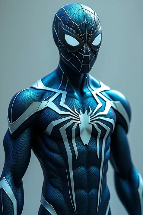 Superhero costume blue and tre with spider texture and White eyes hiper realistic