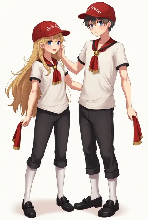 Beautiful girl with long hair wearing red cap with letters on the left side  "de la frater " a white shirt with short sleeves and black pants and black loafers with short white tights with a boy with short wavy hair wearing a red cap with letters on the ri...