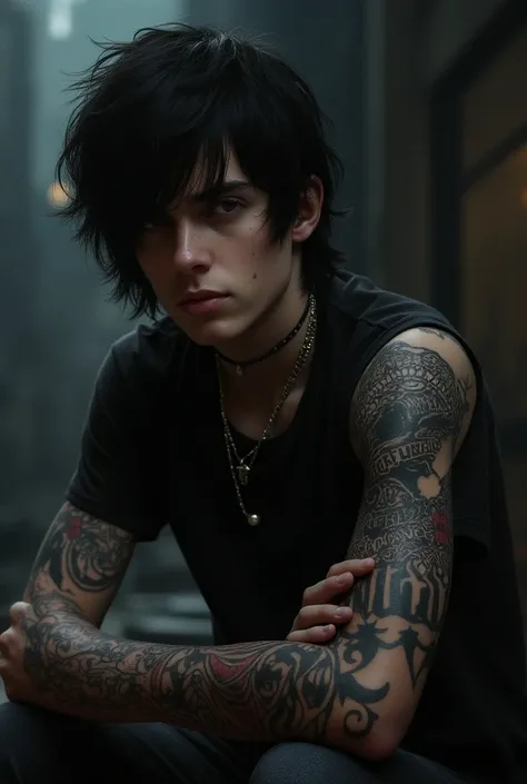 Dark-haired metalhead boy with tattoos