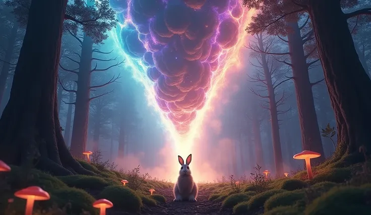 A hyper-realistic scene from the perspective of a massive meteor descending toward a forest. The view looks directly down at a rabbit in the center of the frame, standing in a forest clearing, illuminated by the meteor’s blinding, multicolored light in sha...