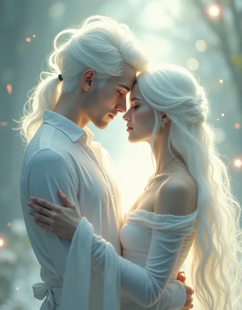 romantic draw of a couple of a young man and young woman, white hair and white skin, twin flames, soul mates, magic ethereal vibes, fantasy dreaming