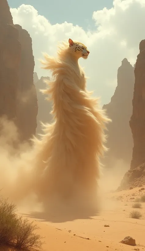 A massive sandstorm swirls in the desert, causing a tiger-like figure to emerge from the dust. The surrounding landscape features vast sand dunes, sparse vegetation and towering cliffs under a partly cloudy sky. The dragon-like figure is light as air and b...