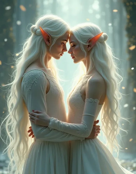 romantic draw of a couple of a young man elf and young woman elf, white hair and white skin, twin flames, soul mates, magic ethereal vibes, fantasy dreaming