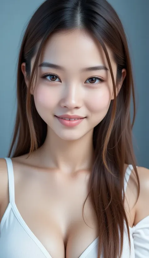 a photo of a young east-asian woman with smooth, pale skin and a warm, inviting smile. her long, straight hair is a soft brown, ...