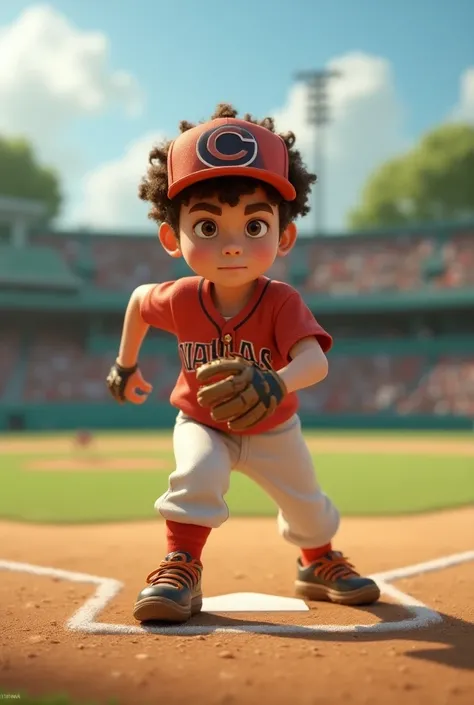 Realistic boy playing baseball with curly hair
