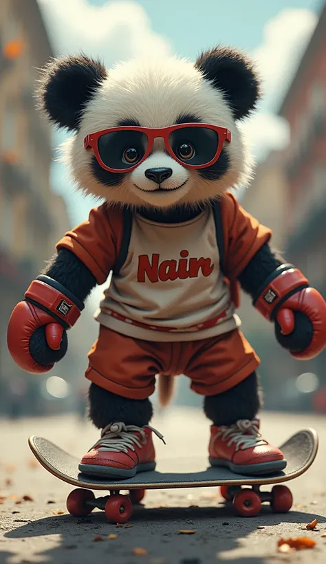 Un mini panda en string et des gants de boxe lunette sur le nez avec un tee-shirt avec linscription "Naïm", assis sur les wc entrain de boire une monster avec son skate sous les pied Résolution Haute, 