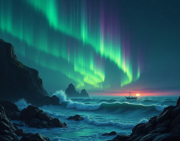 The sky is black as the darkest night, with stars and the Big Dipper shining
brightly, In the middle of this a realistically powerful Northern Lights or
Aurora Borealis that gives glare in a turbulent sea with waves. The Northern
Lights start on the horizo...