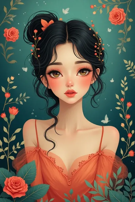 a girl, Exquisite details, surreal atmosphere , ethereal beauty, vibrant colors , soft lighting, fantasy theme , mystical presence, Delicate Foliage , a beautiful red rose, intricate patterns , Dream quality, Captivating gaze, flat illustration