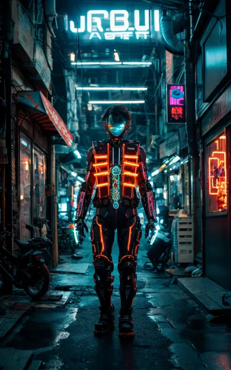 cyberpunk-style figures with mechanized bodies stand out. the transparent skin allows you to see the circuits and cables, his ey...