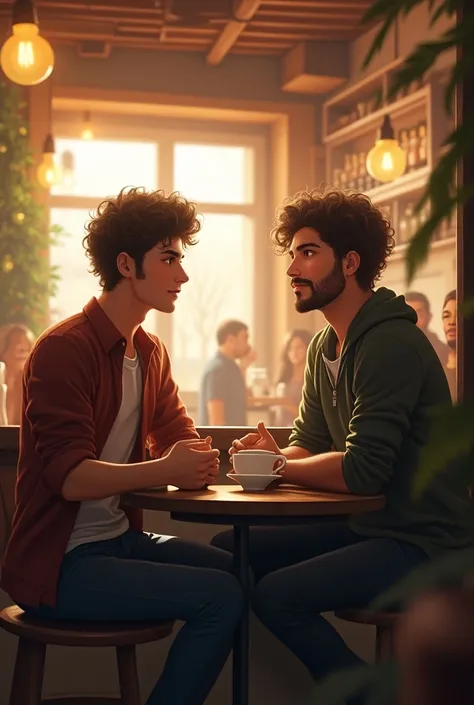 Brown boy with long curly hair in a coffee shop add a brown boy with short curly hair and a little more chubby with a beard