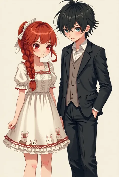 ( masterpiece ,  better quality,  high resolution: 1.4) drawing, DETAILED,  intricate details , 4k, touch of color, Line art, high detail. drawing of a couple: DETAIL: red-haired teen with hair braided to the waist,  in a white lolita dress with lace and b...