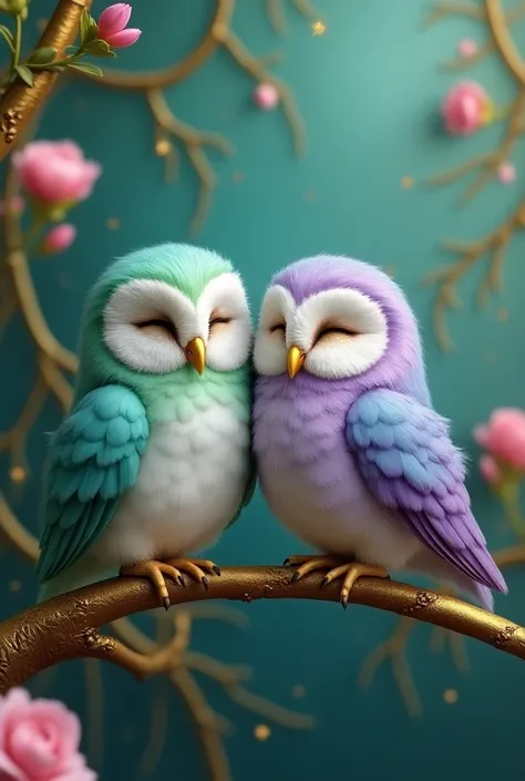 Up close view of two little colorful owls, sitting next to each other their feathers and body are the colors of mint green purple blues. Their eyes are closed. Their beaks are gold. The camera should move towards them. They are sitting on a gold limb with ...