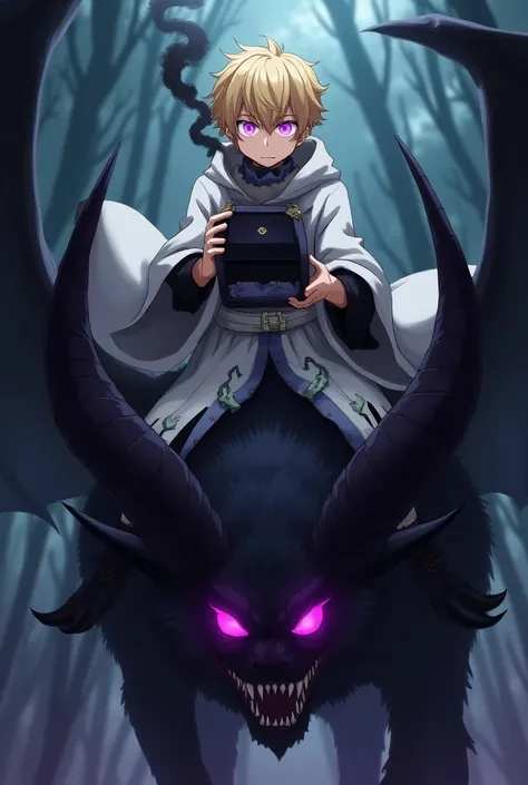  Shounen-style young adult anime character with blond hair, purple eyes,  expression of fear holding a mystical black box in his hands that releases black smoke. He wears white wizard clothes full of details with black details .  black boots .  Ele está mo...