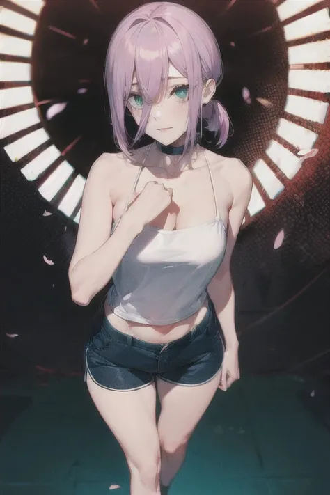 (Best Quality)、(Best Quality)、cut、 Chainsaw Man、cute、( choker).Emerald eyes、Her hair is purple 、 short bob、beautiful　whole body、  Details、強力な  Details、.(( shorts)).