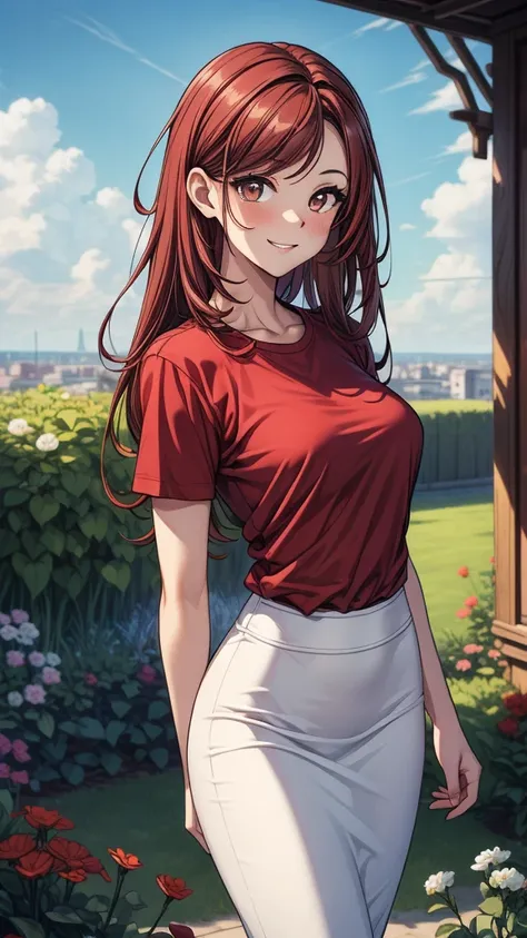 ((masterpiece, best quality:1.8, high detail)), beautiful woman, bright brown eyes, smile, wide-eyed, solo focus, long messy hair, ((dark red hair)), (white t-shirt), (black pencil skirt), slim body, garden, (cloudy sky), lower body,