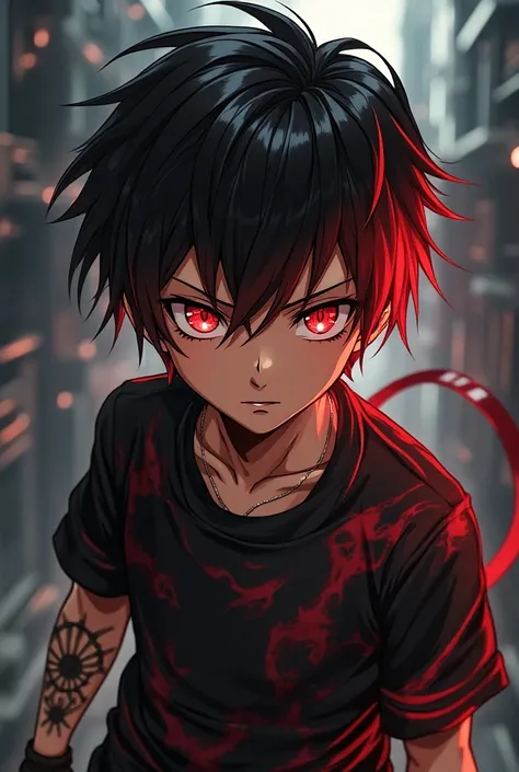 Dark-haired boy with red locks and red eyes metallic style with anime-style tattoos