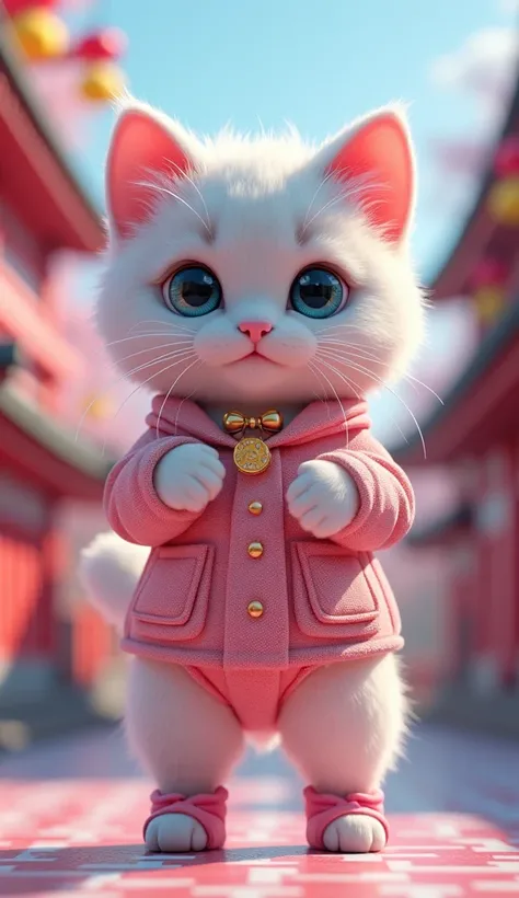 a realistic 3D full body of a female white and grey baby cat standing on its hind flippers, k-pop female outfit, feminine accessories, adorable feminine expression, extremely detailed eyes and face, long eyelashes, intricate details, dynamic pose, vivid co...