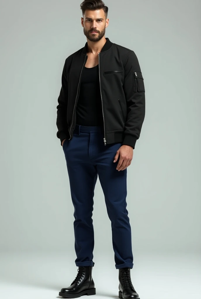  Man wearing navy blue dress pants with black boot with black tank top and a black bomber jacket made of normal fabric, Not leather 