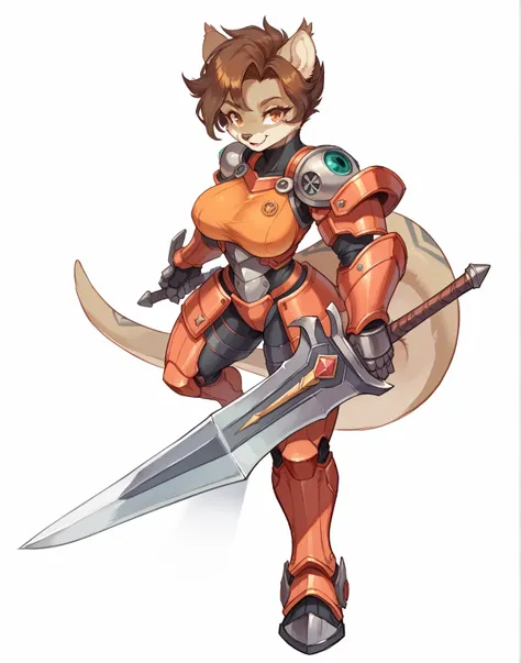 (masterpiece, anthropomorphic sci-fi fantasy anime style, creative art), a beautiful reploid anthro otter goddess, wearing a high-tech full-body power armor, holding a sword with a semi-transparent blade, large breasts, curvaceous, voluptuous, expressive, ...