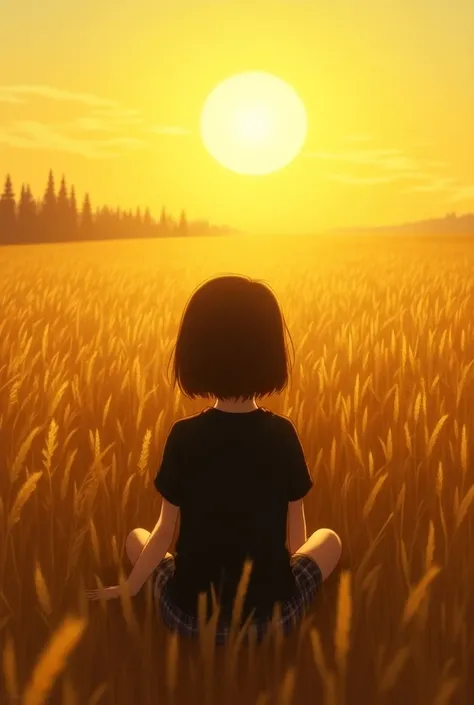 a black t-shirt weared girl is sitting on the ground. there are thick, long and yellow wheat around her. that wheat is the main part of the photo. we can see trees in the far away. she is looking to the big round sun. longer wheats. we dont see the girls f...