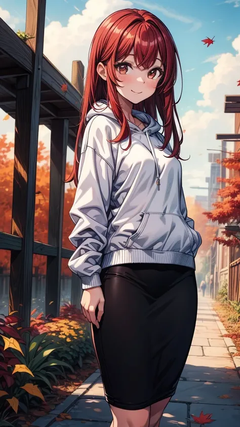 ((masterpiece, best quality:1.8, high detail)), beautiful woman, bright brown eyes, smile, wide-eyed, solo focus, long messy hair, ((dark red hair)), ((white sweatshirt)), (black pencil skirt), slim body, fall, garden, autumn leaves, (cloudy sky), lower bo...