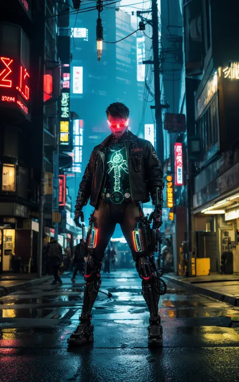 Cyberpunk-style figures with mechanized bodies stand out. The transparent skin allows you to see the circuits and cables, His eyes light up with colorful LEDs. The limbs are a mixture of flesh and metal., Equipped with advanced prosthetic limbs and cyberne...