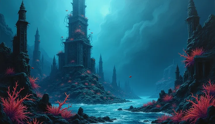 Beneath the dark, turbulent waters looms a gleaming blood-curdling underwater city in an acrylic painting. The main subject is a towering spire of coral, adorned with twisted skeletons of long-lost sea creatures. The image, a surreal painting, captures the...