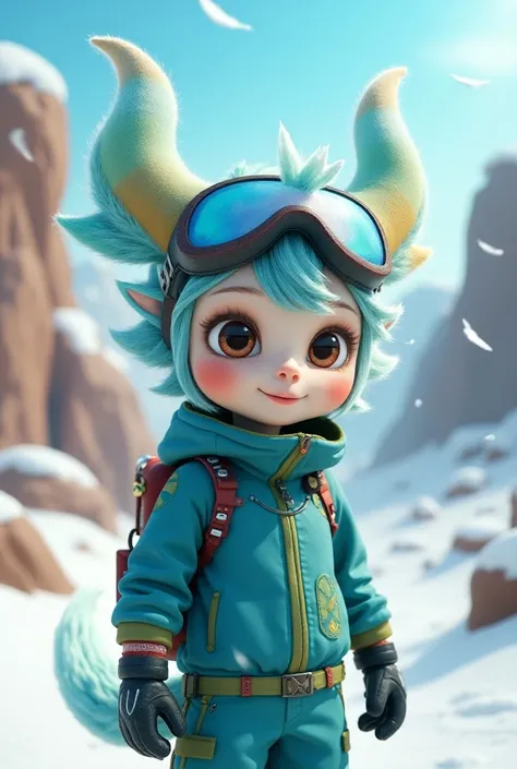  Nijilorahorn a cheeky nijiboy with crystalline horns, wearing blue and green ski gear, twin tails , big beautiful Odd eyes, big warm smile, On the streets of a desert city Cyberlunk  