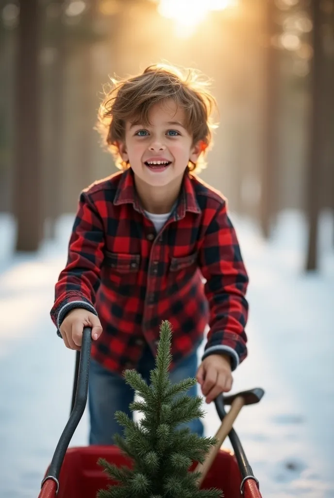 Solo, little boy, caucasian, Short Hair, Brown Hair, Blue eyes, From Side, red and black checkered long sleeve shirt, blue jeans, Masterpiece, Super Detailed, UHD, Textured Skin, Messy Hair, Grin, Teeth, Sparkling Eyes, Excited, God Rays, Cinematic Lighting, Bokeh, Backlighting, 8K Octane, Cinematic, Cinematography, Hyperdetailed, Portrait Photography, pulling a small red wagon, small green pine tree in wagon, walking in snow, holding a small axe, pine tree forest background, sun peeking through trees, snowflakes falling, Ultra-Wide Angle, Super Detailed, F/2.8, 