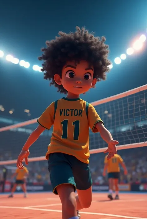 Curly haired, curly haired boy playing professional volleyball with the number 11 on his shirt with the name Victor on his back in a stadium at night
