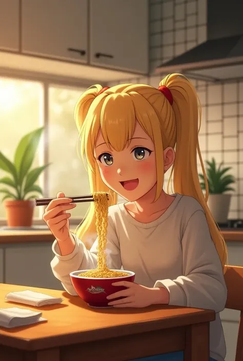 Blonde woman eating Maruchan soup in a kitchen with two pigtails