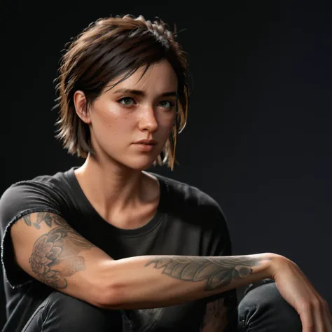 photo of ohxw, ellie, tattoo on left arm, woman, black jeans, close up, , short hair, face details, low key lighting,