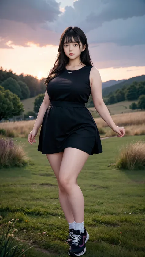 A beautiful beauty, long black hair, big eyes, round face, dress, tight purple skirt, sneakers , slightly fat, plump and sexy, delicate facial features, standing up on the grassy hillside, slightly side view, black grass and words, dark sky and dark clouds...