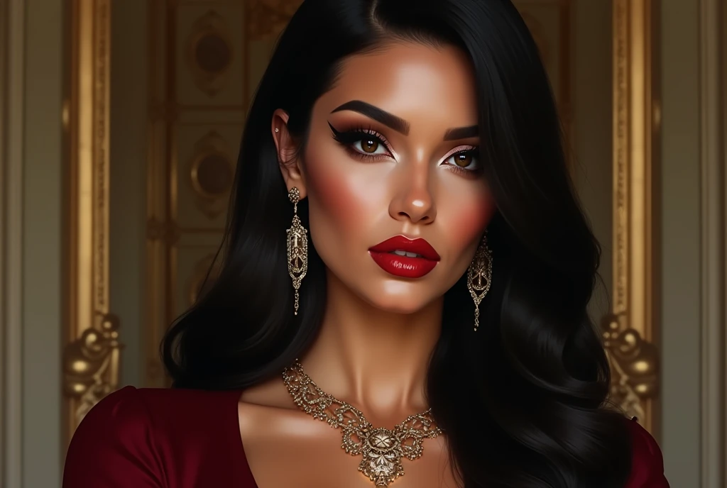 beautiful detailed eyes, beautiful detailed lips, extremely detailed face, long black straight hair, heavy makeup, defined contour, eyeliner, highlighter, gorgeous, realistic, dark red top, champagne jewelry, champagne accessories, sexy, mansion background