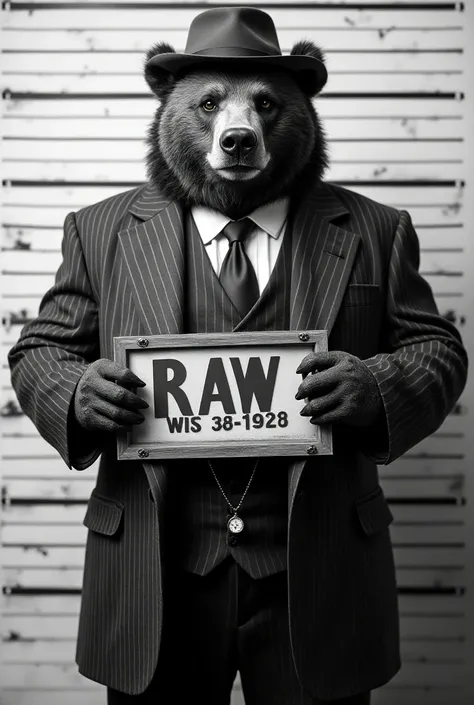 A giant grizzly bear dressed like a 1920s mobster.  The bear is getting his mug shot taken holding a sign with large letters on the top of it written in capital letters RAW.  Under raw it has his  inmate number. This photon is in black and white.