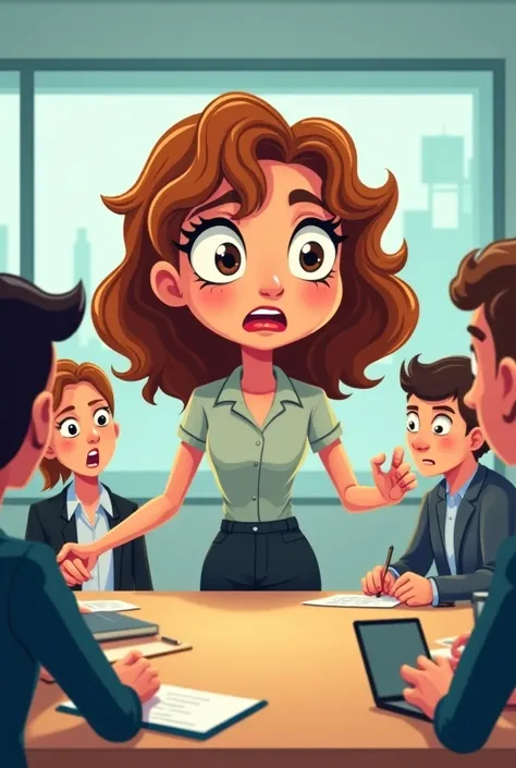  Create a girl with wavy hair attracting the attention of a group of colleagues because they dont listen to her, Do a cartoon style drawing .