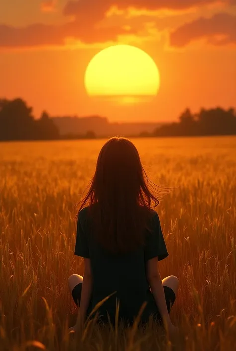 black tshirt weared girl sitting on the ground. she has long brown hair. we dont see her face its from her back. there are long thick and yellow wheat field around the girl. we can see trees in the far away. that girl is looking to the big round sun