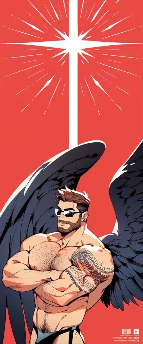 a bearded tattooed muscle cowboy with angel black wings posing naked, sfw, solo,  muscular man, perfect anatomy, balanced anatomy, hairy, big chest, leather black jockstra, Cowboy hat, sunglasses, big penis, handsome, lewd expression, muscular, short hairc...