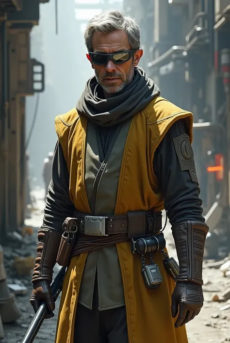 Um jedi de star wars, blind, Mechanic, with padded protective clothing, 42 years old