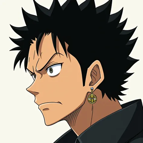 Trafalgar D. water law, One Piece character with a front profile with a frown looking at something on the side. Draw it anime style Black hair, Earrings, angry,  animated,  Animated Style , 