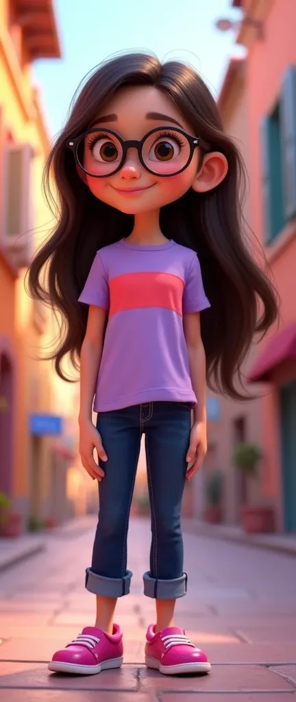 A girl 10-year with glasses with long dark brown hair, has brown eyes, wears a lilac shirt with coral pink stripes and navy blue pants and magenta shoes Disney Pixar