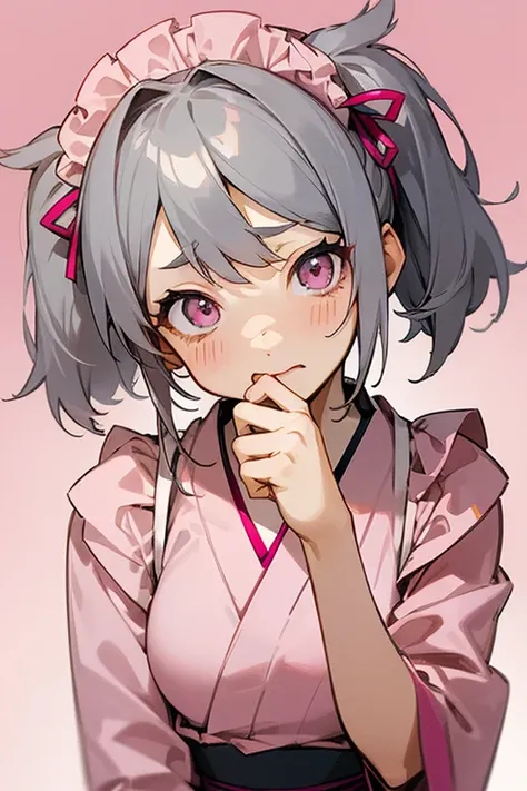   ((   wrap short gray hair around face   ))      A pink and navy dress will complement the face、Headbang 2.、        Twin Tails、sharp、(       is embarrassing)、((Hold Your Face    :1.2)),((Japanese anime eyes   )).((background、  pink gradation  ))、((     ma...