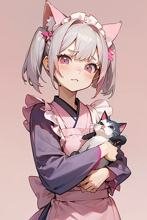   ((  short gray hair to wrap around the face   ))      pink and navy dress to complement the face、Headbang 2.、       Twin Tails、sharp、(      is embarrassing)、((Hold Your Face   :1.2)),((Japanese anime eyes  )).((background、 pink gradation ))、((   maid clo...