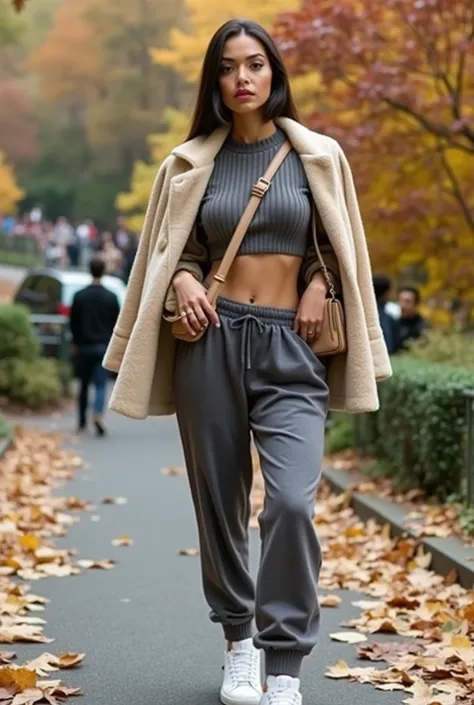 A stunning Latina model stands poised in the vibrant ambiance of Central Park, surrounded by the rich hues of fall foliage. She exudes sophistication, showcasing her dark brunette hair styled flawlessly and perfectly pristine makeup that highlights her fea...