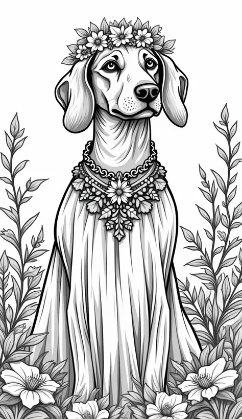 Beautiful Vizsla as a flower girl in Peaky Blinders style as a hippie show as a coloring page in black and white 