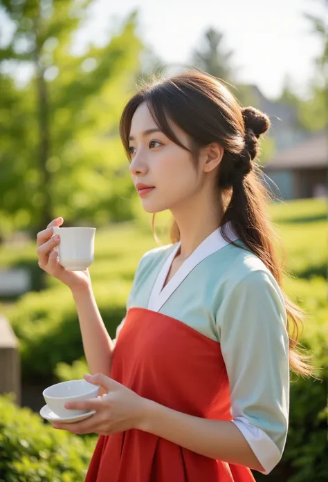 Soft morning light wraps around an Asian woman standing amidst lush greenery and serene tea garden scenery. She contemplates the distance with a delicate tea cup cradled in her slender fingers, her gentle features softly lit. Vibrant colors of the traditio...