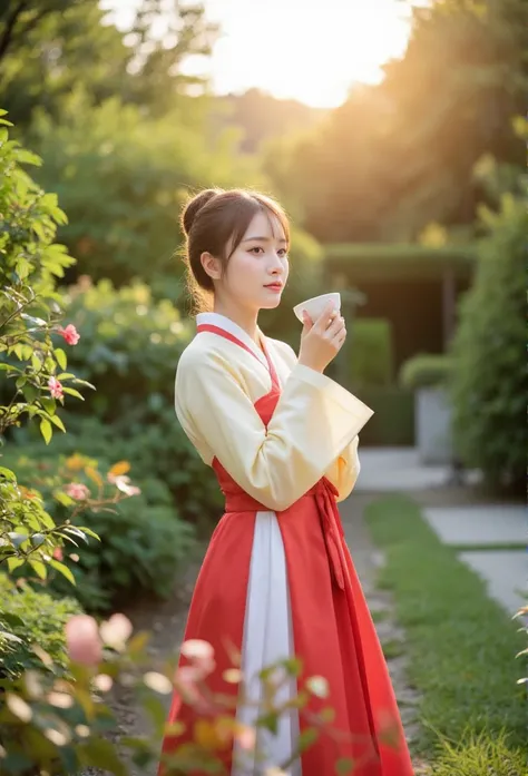 Soft morning light wraps around an Asian woman standing amidst lush greenery and serene tea garden scenery. She contemplates the distance with a delicate tea cup cradled in her slender fingers, her gentle features softly lit. Vibrant colors of the traditio...